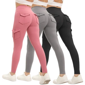 3PCS Solid Color Yoga High Waisted Pocket Stretch Pants